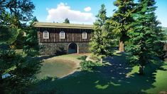 an old building surrounded by trees on a sunny day