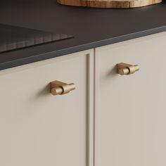 a close up of two handles on a cabinet