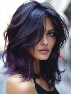 ️ A captivating twist on classic dark hair, these soft waves are infused with a dark plum base and subtle violet highlights. The color shift between dark and purple tones adds depth and intrigue, giving the hair a unique, edgy feel. Ideal for those looking to experiment with color while staying in the dark shade family, this look is both bold and... Dark Hair With Purple Highlights, Dark Brown Hair With Purple, Brown And Purple Hair, Midnight Purple Hair, Dark Purple Highlights, Dark Hair Color Ideas, Violet Highlights, Dark Hair Color, Luxurious Chocolate