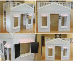 this is a collage of photos of a dog house made out of wood and painted white