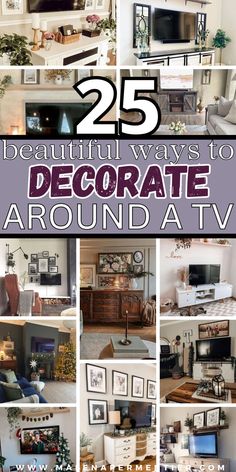 how to decorate around a tv Pictures Around Tv On Wall, Decorate Tv Wall Living Room, Pictures Around Tv, Living Room Decor Around Tv, Dark Wood Tv Stand