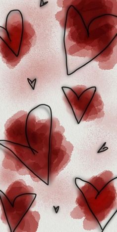 some red and black hearts are on a white background with watercolor stains in it