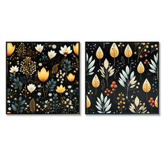 two paintings depicting flowers and leaves on black background, each with different color variations in the same pattern