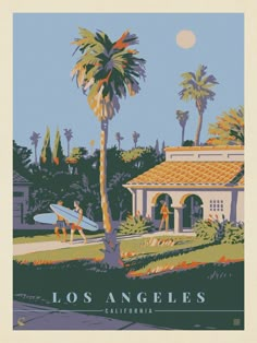 the poster shows two people carrying surfboards in front of a house with palm trees