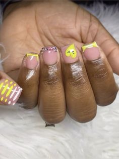 Mustard Yellow Nails Designs Short, Short Square Neon Nails, Kids Acrylic Nails Short Ideas, Cute Short Nail Set Ideas, Nails Short Black Women, Short Short Acrylic Nails, Kids Acrylic Nails, Kid Nails, Kids Nail Designs