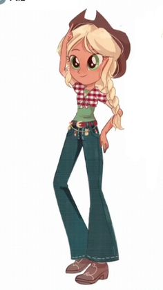 a drawing of a girl with blonde hair and green eyes, wearing blue jeans and a red checkered shirt