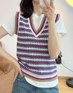 Multicolored Striped Knitted Vest | Ryujin - ITZY L Multicolor Knit V-neck Top, Casual Multicolor Knit Sweater Vest, Trendy Multicolor V-neck Sweater Vest, Casual Multicolor V-neck Sweater Vest, Multicolor Knit V-neck Sweater Vest, Multicolor V-neck Knit Sweater Vest, Multicolor Knit Sweater Vest For Spring, Spring Multicolor Knit Sweater Vest, Casual Multicolor Sweater Vest For Winter