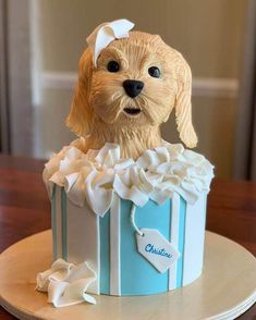 a cake shaped like a dog in a gift box with ribbon around its neck and collar