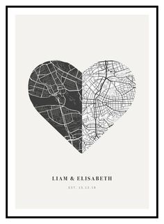 a black and white map heart with the words i am and elizabeth printed on it