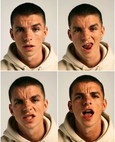 multiple pictures of a man making faces with his mouth open and tongue hanging out to the side