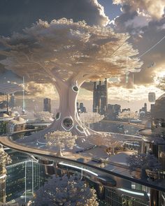 a futuristic city with a huge tree in the middle