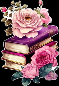 some pink roses are on top of two books and one is purple with green leaves