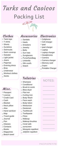 the printable packing list for tuks and cacocos is shown in pink