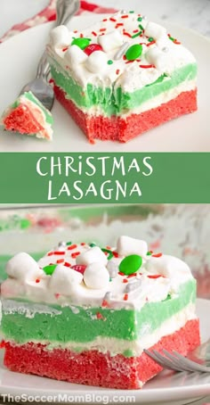 a slice of christmas lasagna cake on a plate with a fork and spoon