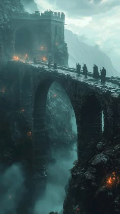 a bridge with people standing on it in the fog