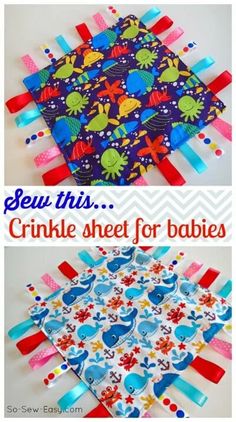 the crinkle sheet for babies is shown in three different colors and sizes, including blue