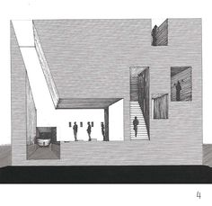 a black and white drawing of people standing in a room with stairs to the ceiling