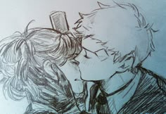 a drawing of two people kissing each other