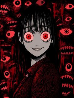 a girl with red eyes surrounded by many demonic looking heads