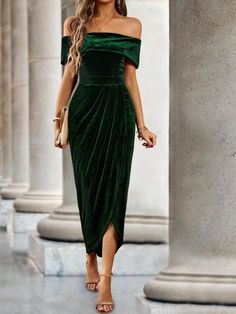 SHEIN Privé Off Shoulder Wrap Hem Velvet Dress | SHEIN USA Cocktail Dress Elegant, Semi Formal Wedding, Formal Wedding Guest Dress, Formal Wedding Guests, Green Cocktail Dress, Velvet Cocktail Dress, Shoulder Wrap, فستان سهرة, Womens Cocktail Dresses