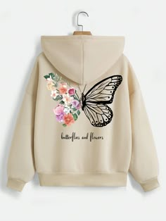 Albaricoque Casual Collar manga larga Tela Floral,Mariposa Cremallera Embellished Elástico Ligero Trendy Hoodie Designs, Hoodies Design Ideas, Embellished Hoodie, Aesthetic Hoodies, Embroidery Hoodie, Women Sweatshirts, Lined Hoodie