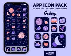 the app icon pack for galaxy is shown on an iphone's screen, with space and