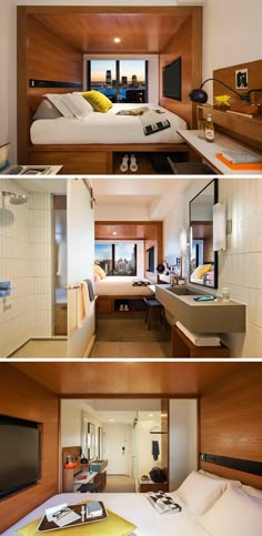 three pictures of a hotel room with two beds and one bathroom in the same room