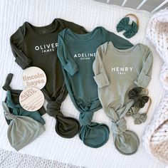 personalized baby name knot gown and hat set greens Caden Lane, Newborn Baby, You Must, Baby Clothes, Knot, Clothes, Design