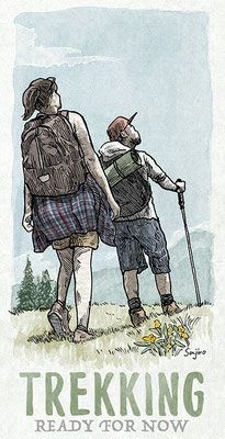 two people standing on top of a grass covered hill with backpacks and hiking poles