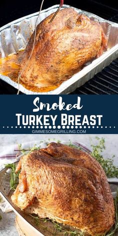 smoked turkey breast in a roasting pan on the grill with text overlay that reads smoked turkey breast