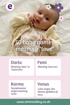 a baby is laying on top of a bed with the words 50 baby names meaning love