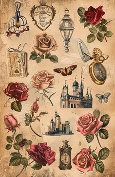 an old fashioned poster with roses and other things on it