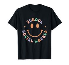 a black t - shirt with the words school social worker in orange and green on it