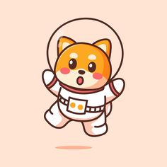 an orange and white cat is floating in the air with its paws out, wearing a space suit