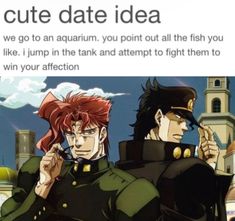 two anime characters standing next to each other with caption that reads, cute date idea we go to an aquarium you point out all the fish you like