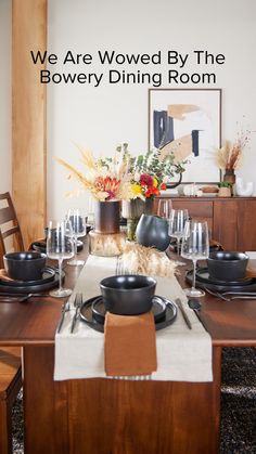 a dining room table set for four with place settings on it and the words our tables are set get inspired for fall hosting