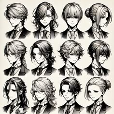 an anime character's hair styles are drawn in black and white, with long bangs