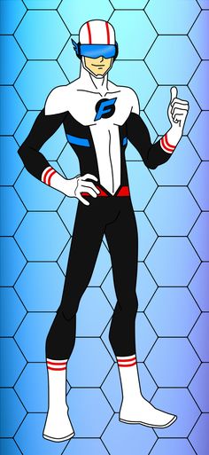 an animated man dressed in black and white with red stripes on his chest, standing against a blue background