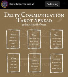 a poster with the words, diety communication tarot spread and what do you want to