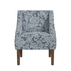 a blue and white patterned chair with wooden legs