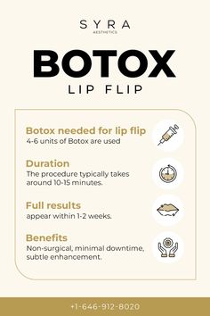 Botox® for a lip flip is gaining popularity as a non-surgical option to enhance the appearance of the upper lip. This comprehensive guide by Syra Aesthetics explores what a lip flip Botox entails, including the procedure, typical dosage, and how long the results last. Learn about the benefits of a lip flip, ideal candidates for the treatment, and potential side effects. Discover why Botox for a lip flip could be the perfect solution for achieving a subtle and natural-looking lip enhancement. Click to Learn more!  #BotoxLipFlip #CosmeticTreatments #LipEnhancement #SyraAesthetics #NonSurgicalBeauty #Botox #LipFlipProcedure #AestheticMedicine #BeautyEnhancements #CosmeticGuide #LipFlipResults Botox Units, Derma Fillers, B12 Injections, Botox Lips, Facial Fillers, Lip Enhancement, Aesthetic Medicine, Cosmetic Treatments