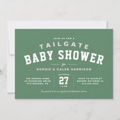 a green baby shower card with the words tailgate on it and an envelope that says tailgate baby shower