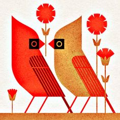 two birds sitting on top of each other next to red flowers and petals in front of a white background