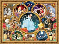 the disney characters collaged together in a golden frame with many different pictures on it