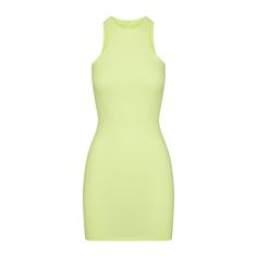 SOFT LOUNGE TANK MINI DRESS | LEMONADE Stretch Ribbed Mini Length Tank Top, Ribbed Stretch Mini Length Tank Top, Ribbed Stretch Mini Tank Top, Stretch Ribbed Cropped Tank Top, Sleeveless Sleek Seamless Bodycon Dress, Sleek Sleeveless Seamless Bodycon Dress, Casual Bodycon Dress In Elastane, Spring Bodycon Racerback Mini Dress, Sleek Stretch Bodycon Dress For Spring