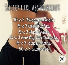 a woman holding a pink shoe in her right hand with the words soccer girl workout on it