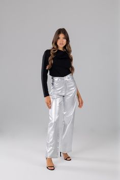 SILVER PANTS COMPOSITION: 95% Polyester 5% Elastane SIZE: The model is 1.68 m tall, with a bust measurement of 83 cm, a waist measurement of 64 cm, and hip measurement of 91 cm, wearing size 36/S. This information can help you have a better perception of how the piece fits. SUSTAINABLE PRACTICES: Taking care of your clothes is caring for the environment. Wash your pieces only when necessary, thereby reducing water and energy consumption and extending the lifespan of the fabrics. Evening Straight Leg Bottoms For Fall, Straight Leg Bottoms For Fall Evening, Straight Leg Bottoms For Evening In Fall, Full Length Dress Pants For Party, Leather Pants For Night Out, Fitted Straight Leg Dress Pants For Party, Stretch Straight Leg Party Dress Pants, Stretch Straight Leg Dress Pants For Party, Silver Pants