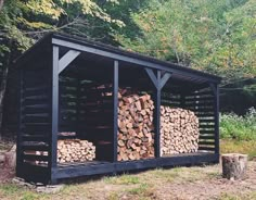 a pile of logs sitting inside of a wooden shed next to trees in the woods