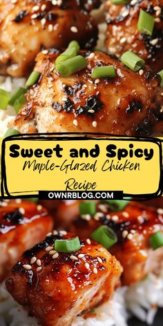 sweet and spicy maple - glazed chicken is served over rice with sesame seeds on top