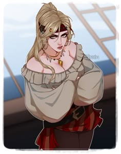 a drawing of a woman with blonde hair wearing a white shirt and red scarf on the deck of a ship